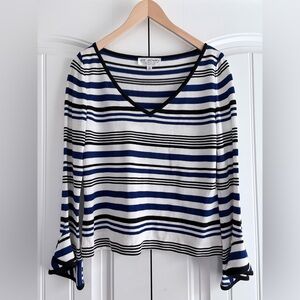 St. John Collection Striped V Neck Long Sleeve Top Bell Cuffs Women's Size 10
